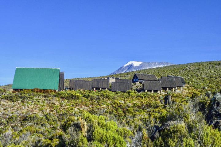 huts at Mount Kilimanjaro, the highest mountain in Africa (5892m), seen through the crops.